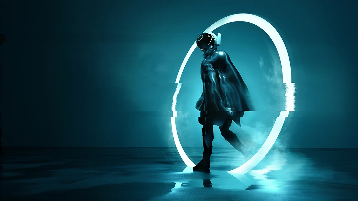 Entering the era of AI, a woman with a helmet stepping through a glitching ring of light on a dark background